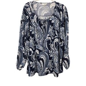CJ Banks Navy & White Paisley Long Sleeve Women's Tunic Top | 3X